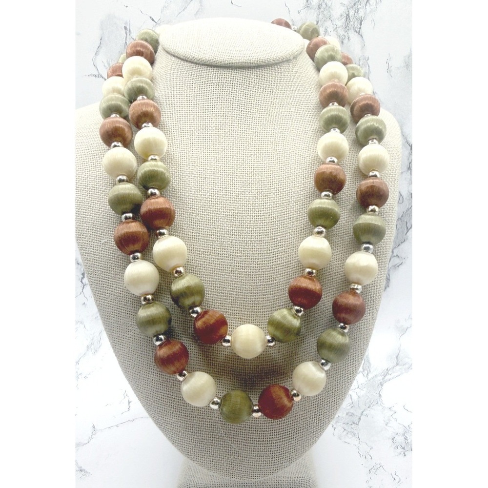Fabric Wrapped Bead Necklace Rust Olive Cream 31" Silver Spacers